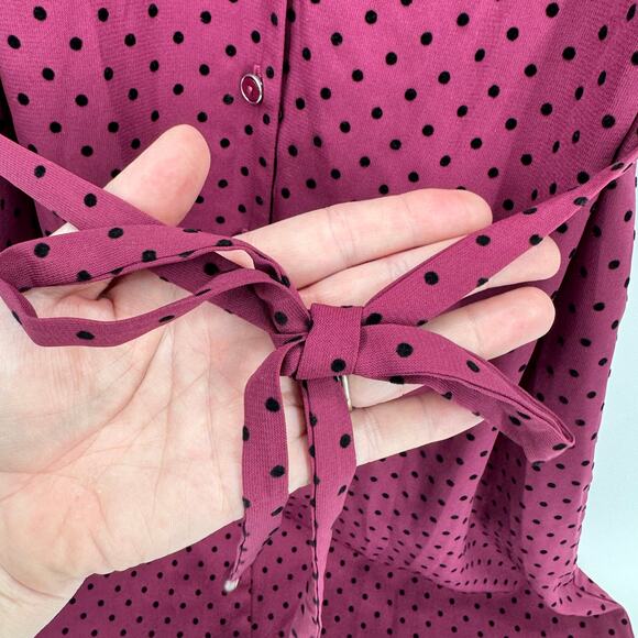 41 Hawthorn Dress Womens Medium Burgundy Clip Dot Roll Tab Sleeves Belted V-Neck - Picture 5 of 10
